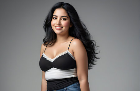 Portrait of a beautiful young asian woman in black bra and jeansの素材