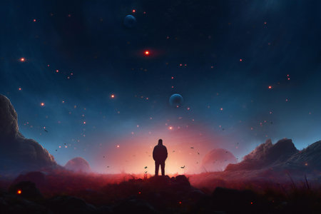 Fantasy landscape with a silhouette of a man standing in front of the planet.の素材