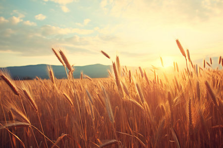 Wheat field and blue sky at sunset. Beautiful nature background.の素材
