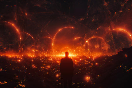 Silhouette of a man standing in the middle of a ravine full of sparksの素材