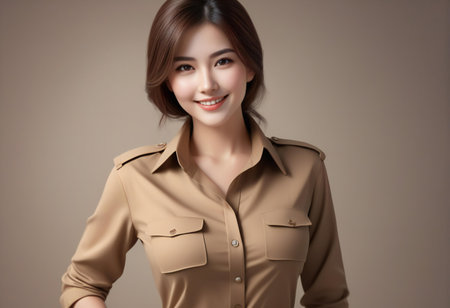 Beautiful young asian woman smile and look at camera isolated on gray backgroundの素材