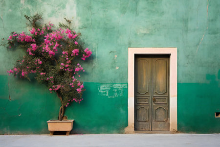 Old wooden door and bougainvillea tree on green wallの素材