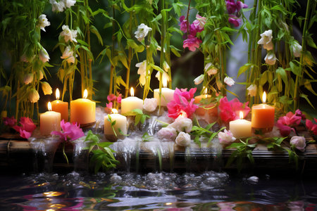 Candles in the water with flowers and reflection on the surface.の素材