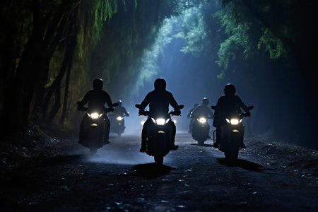 Silhouette of a group of motorcyclists in the dark forest at night.の素材