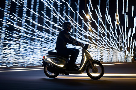 Young man riding a scooter on the road at night, motion blurの素材