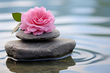 pink camellia flower on zen stones in the waterの素材