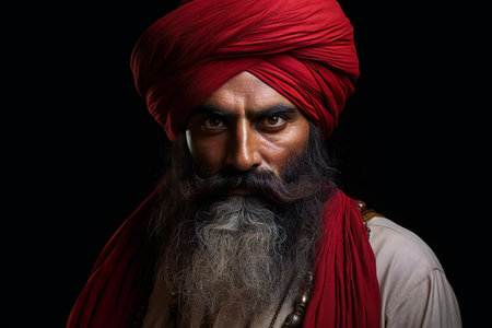 Portrait of a sadhu with red turban on black backgroundの素材