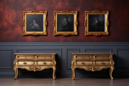 Classic interior with golden furniture and picture frames on wall.の素材