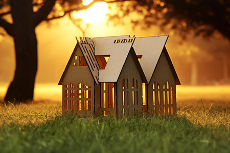 House model on grass with sunset background.の素材