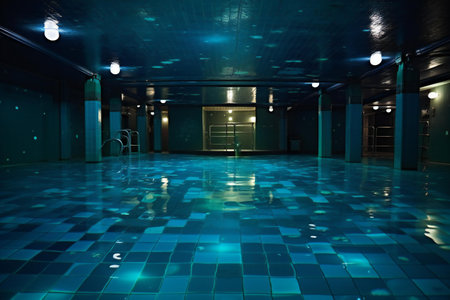 Interior of a swimming pool with blue tiles and illuminated lamps.の素材