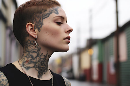Portrait of a young beautiful woman with tattoos on her body.の素材