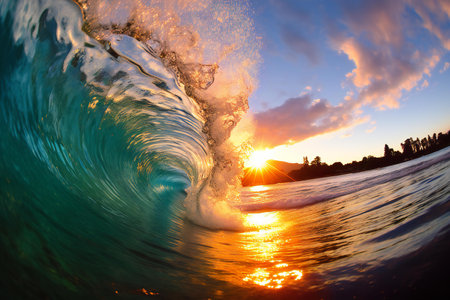 Surfing ocean wave at sunset. Blue sky and sun reflected in water.の素材