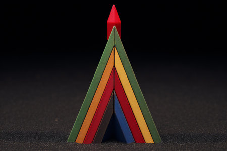 Colorful wooden toy pyramid on a black background. Selective focus.の素材