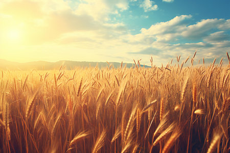 Golden wheat field with blue sky and white clouds on the background.の素材