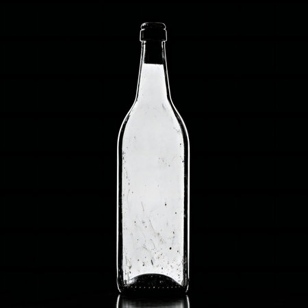 Empty glass bottle with ice on black background.の素材