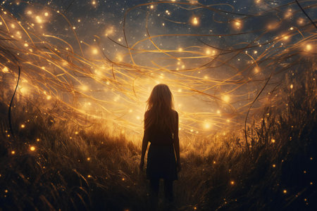 Girl in a field with a garland in the shape of a starの素材