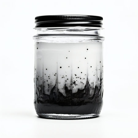 glass jar with black and white bubbles on a white background close upの素材
