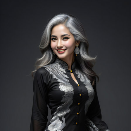 Beautiful asian woman with long gray hair and makeup on black backgroundの素材