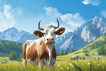 Cow on a meadow with mountains in the background - digital paintingの素材