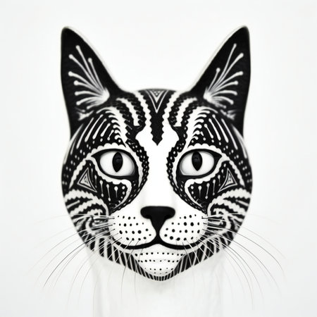 Portrait of a black cat with white spots on a white backgroundの素材