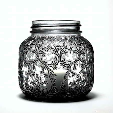 Glass jar with floral pattern on a white backgroundの素材