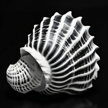 Black and white seashell isolated on a black background. Close up.の素材