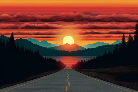 Road to the lake with mountains and sunset sky.の素材