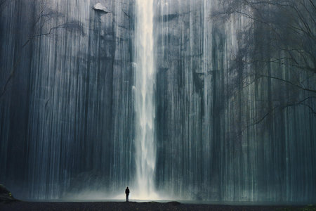 Silhouette of man standing in front of waterfall in the forestの素材