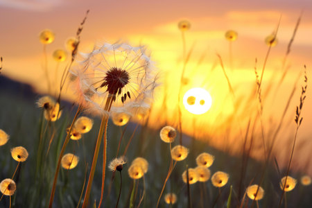 Dandelion flower in the meadow at sunset. Nature backgroundの素材