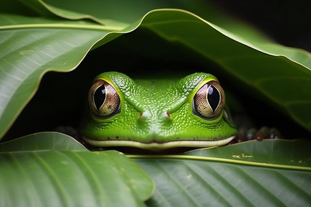 A green tree frog sitting on a leaf in the rainforest.の素材