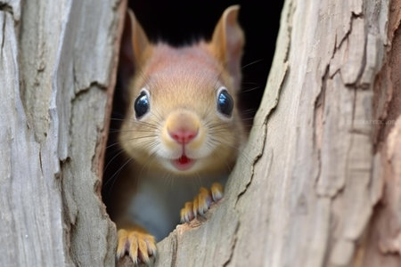 Squirrel peeking out of a hole in a tree trunk.の素材