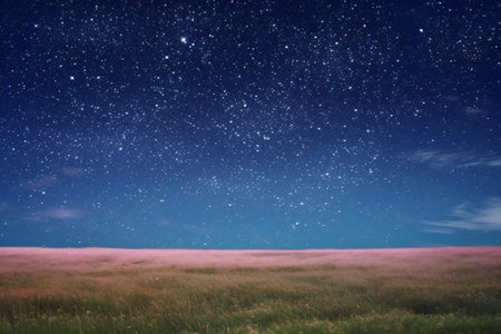 Night sky with stars and milky way over field of grass.の素材