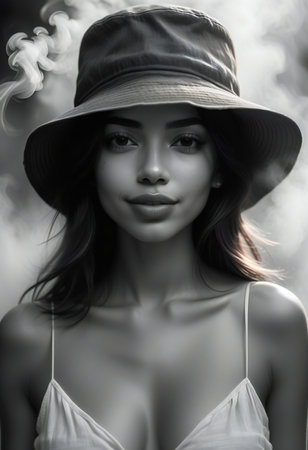 Portrait of a beautiful asian woman with hat and smoke.の素材