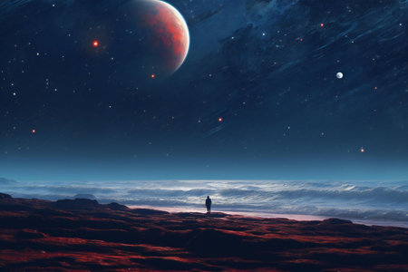 Man standing on the edge of an alien planet.の素材