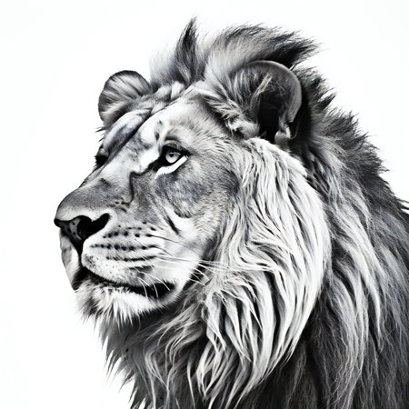 Portrait of a lion on a white background in black and whiteの素材