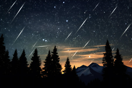 Beautiful starry sky over the mountains and forest. Night landscapeの素材