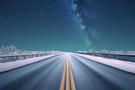 Winter landscape with highway and starry sky.の素材
