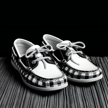 Children's shoes on a wooden background. Black and white photo.の素材
