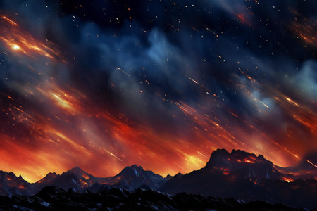 Fantasy landscape with mountains and stars in the sky.の素材