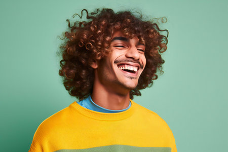 Portrait of a happy young african american man laughing against green backgroundの素材