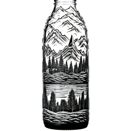 Mountain landscape in a glass bottle on a white background.の素材