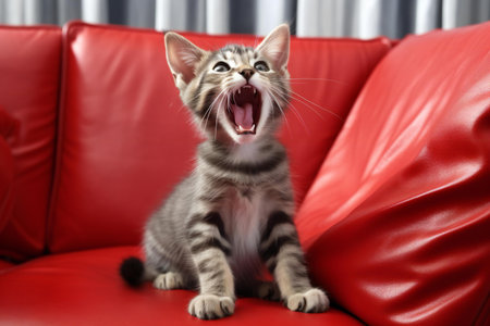 Cute little kitten on red sofa at home. Animal care conceptの素材