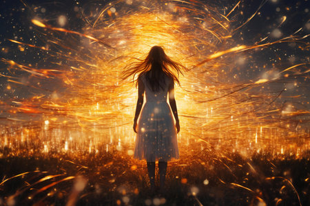 Young woman in white dress on background of golden fireworks.の素材