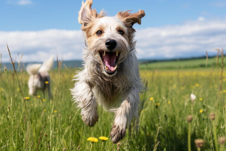 Portrait of a happy dog jumping in the meadow with dandelionsの素材
