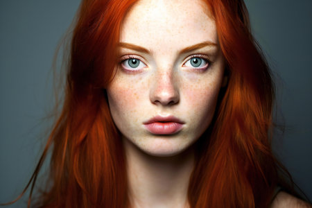 Beautiful redhead girl with freckles on her face. Studio shot.の素材