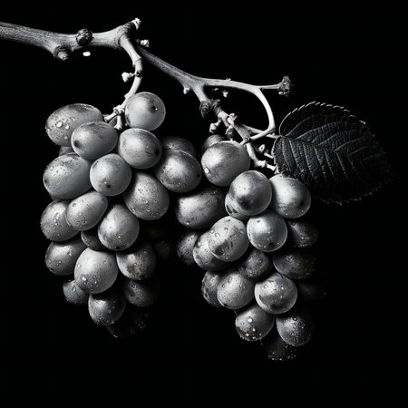 Black and white photo of a bunch of grapes on a black backgroundの素材