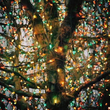 Christmas tree decorated with colorful lights and garlands, close-upの素材