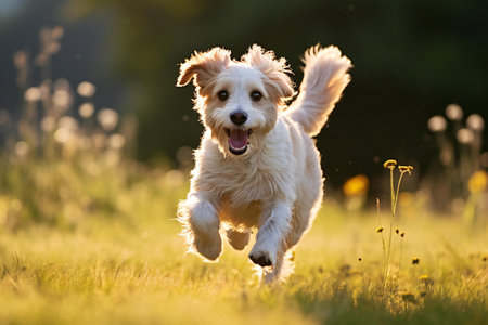 Cute dog running outdoors in the nature on a sunny day.の素材