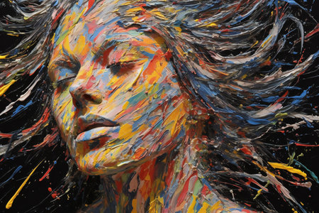Digital painting of a woman's face with colorful paint splashes.の素材