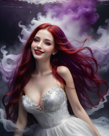 Portrait of a beautiful red-haired girl in a white wedding dress with red hair.の素材